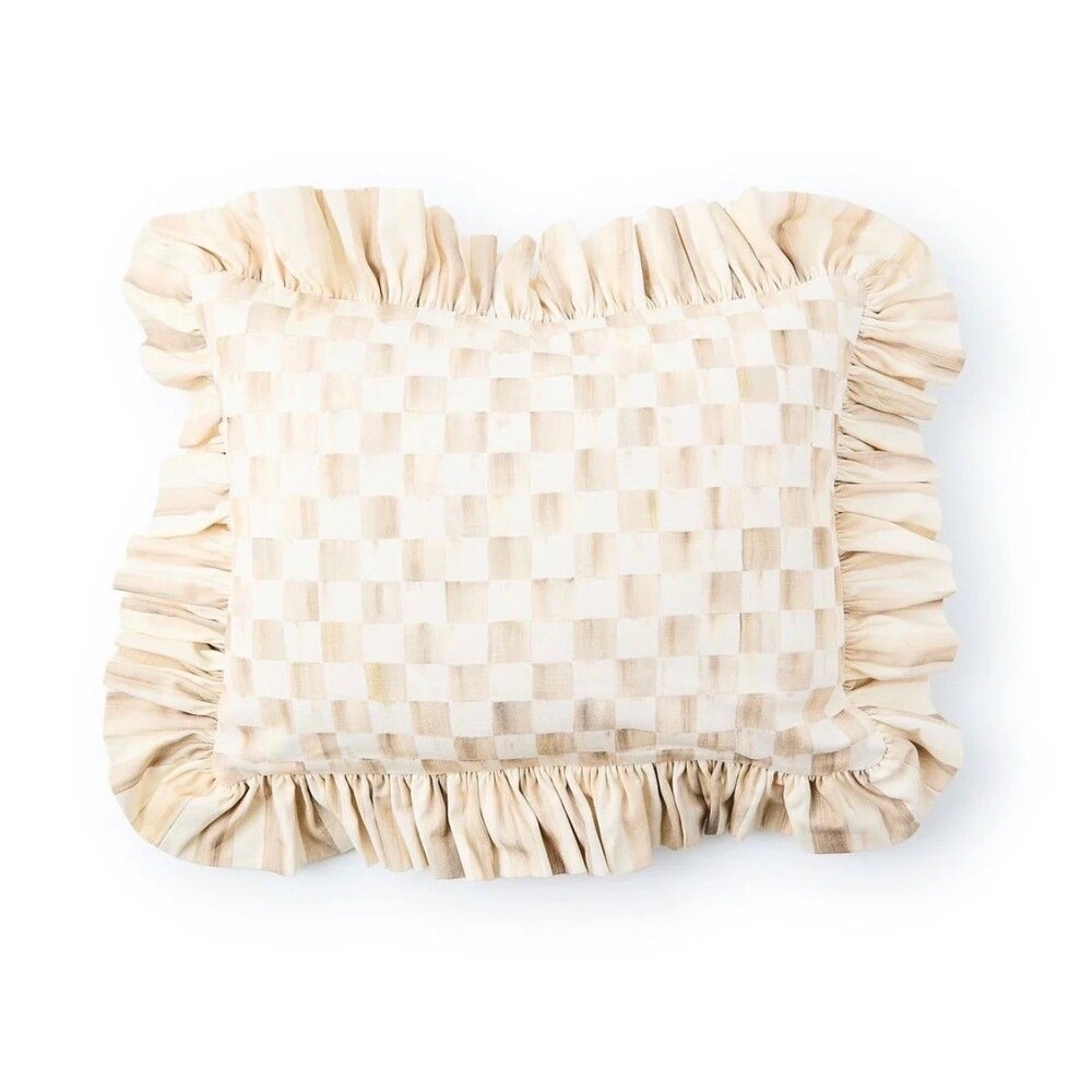 NEW MacKenzie-Childs Mocha Check Lumbar  Ruffle Pillow 18”x14”